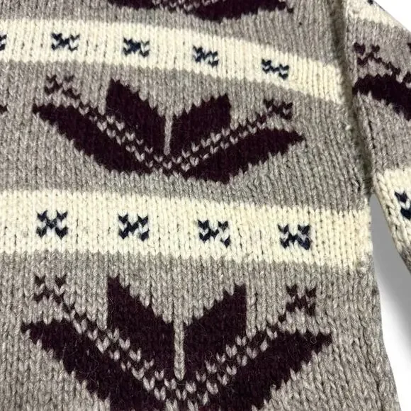 Vintage Cowichan Wool Sweater Pullover Shawl Collar Handmade Gray Burgundy Sz S